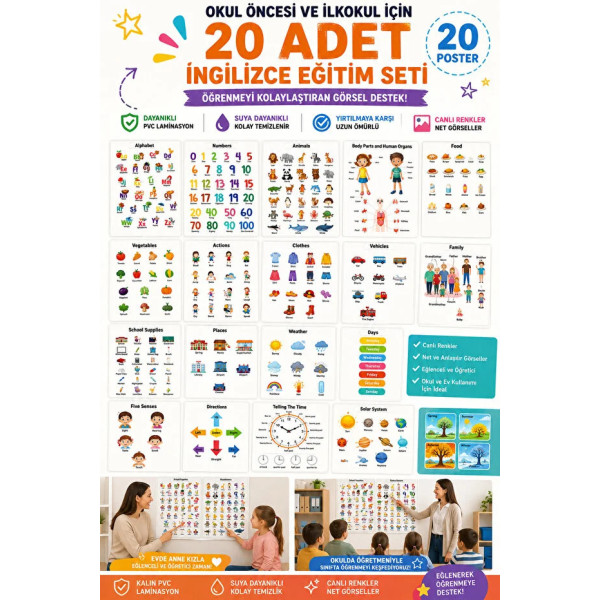 20'li İngilizce Eğitim Poster Seti PVC Laminasyon  | Okul Öncesi İlkokul