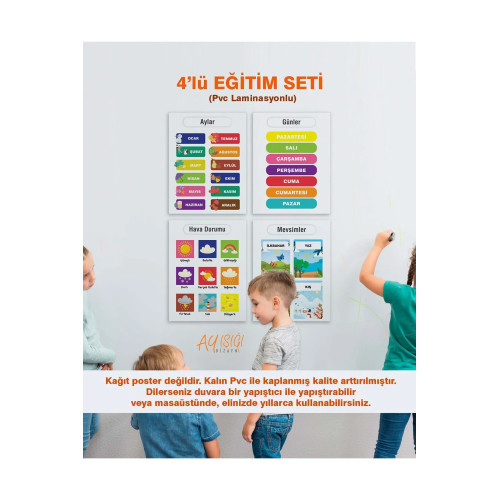 Türkçe Okul Öncesi - Ilköğretim Çocuk Eğitim Seti-3 Pvc Laminasyonlu 4'lü Poster