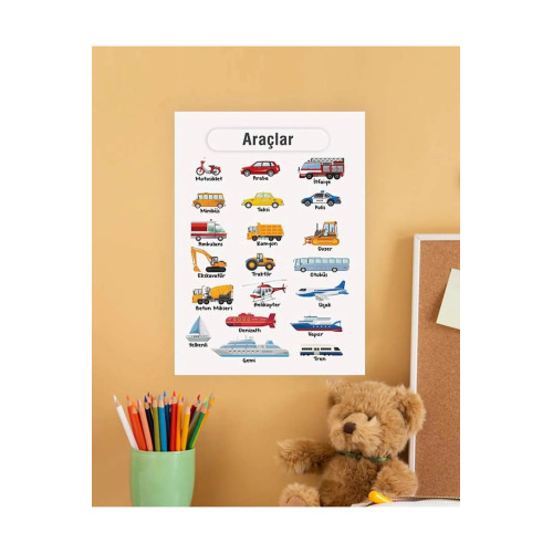 Araçlar Çocuk Türkçe Eğitim Tekli Pvc Poster