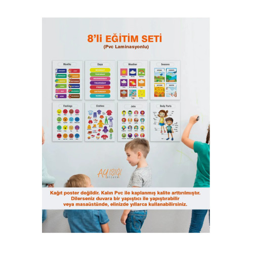 İngilizce 8'li Eğitim Seti-2 Set Okul Öncesi - Ilköğretim Çocuk Pvc Poster