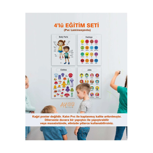 İngilizce Okul Öncesi - Ilköğretim Çocuk Eğitim Seti-4 Pvc Laminasyonlu 4'lü Poster