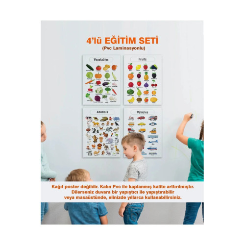 İngilizce Okul Öncesi - Ilköğretim Çocuk 4'lü Eğitim Seti-2 Pvc Laminasyonlu Poster