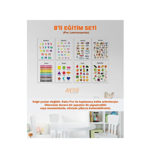 İngilizce 8'li Eğitim Seti-1 Set Okul Öncesi - Ilköğretim Çocuk Pvc Poster