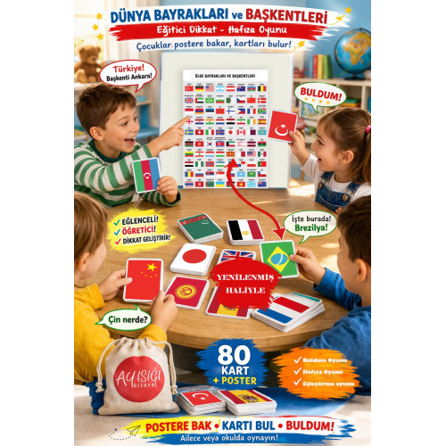 Dünya Ülkeleri Bayrakları ve Başkentleri Eğitici Dikkat, Hafıza Oyunu | 80 Adet Posterli Eğitim Seti